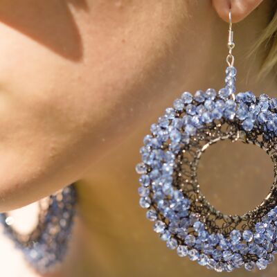 Mandala Bohemian Earrings (Large) - Black Wire/Blue Crystals