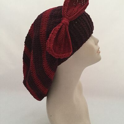Slouch Striped Bow Beret Burgundy Red