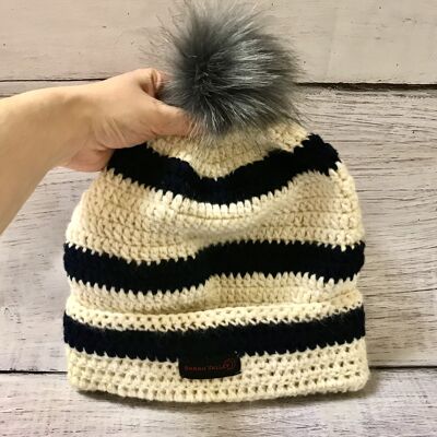 Striped Pom Pom Beanie - Cream/Teal