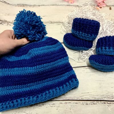 Striped Baby Hat and Boots Set - Dark Blue/Turquoise