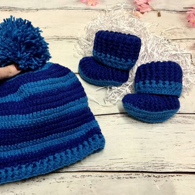 Striped Baby Hat and Boots Set - Dark Blue/Turquoise
