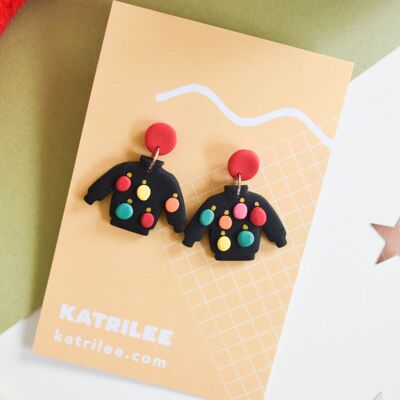 Boucles d'oreilles en pâte polymère Ugly Jumper de lumières de Noël