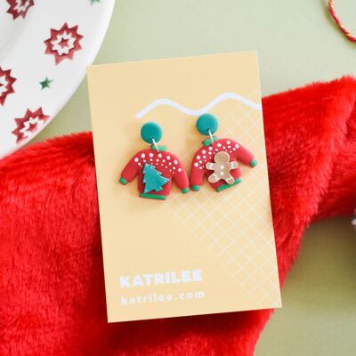 Boucles d'oreilles classiques en argile polymère avec pull de Noël