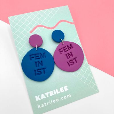 Boucles d'oreilles pendantes féministes - Combi violet/bleu