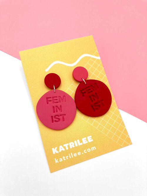 Feminist Polymer Clay Dangle Earrings - Red/Pink