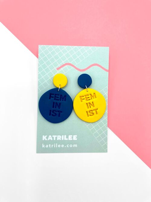 Feminist Polymer Clay  Dangle Earrings - Teal/ Yellow