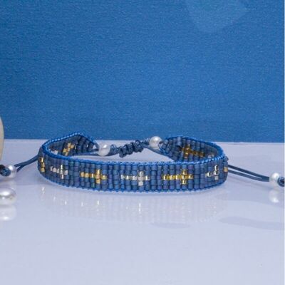 Bracelet bleu perles de rocaille tissées et croix