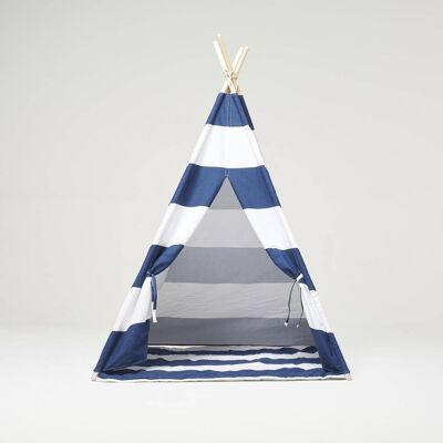 Tipi-Zelt-Set und Teppich mit blauen und weißen Streifen