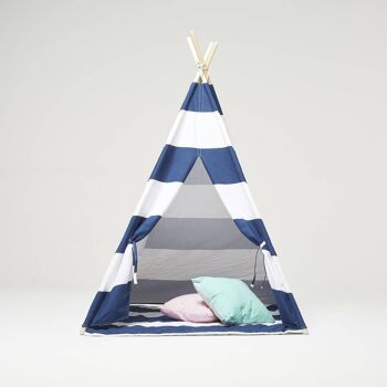 Ensemble et tapis de tente tipi à rayures bleues et blanches 3