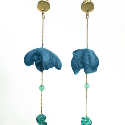 FLP12A Boucles d'oreilles Fleuriste en soie et verre de Murano bleu sarcelle