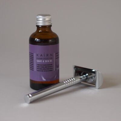 Metal razor and Purple shave oil