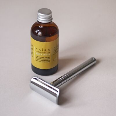 Metal razor and Yellow shave oil