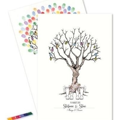 Fingerabdruck - Mrs. & Frau. Hochzeitsbaum mit mehreren Farben