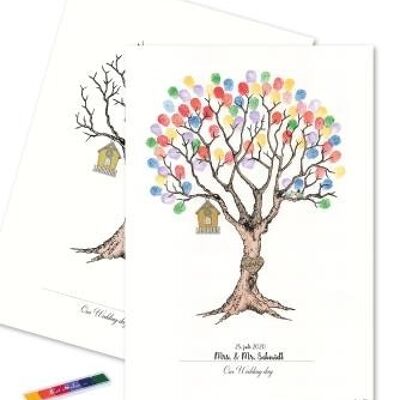 Huella digital: árbol de bodas con huellas dactilares de colores del arco iris