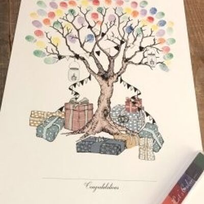 Huella digital - Árbol de cumpleaños con huellas dactilares de colores del arco iris