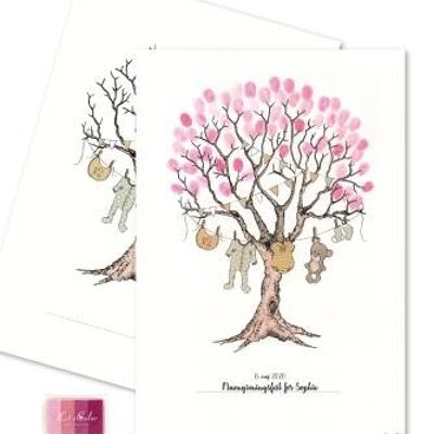 Fingerabdruck - Taufbaum mit rosa Fingerabdrücken