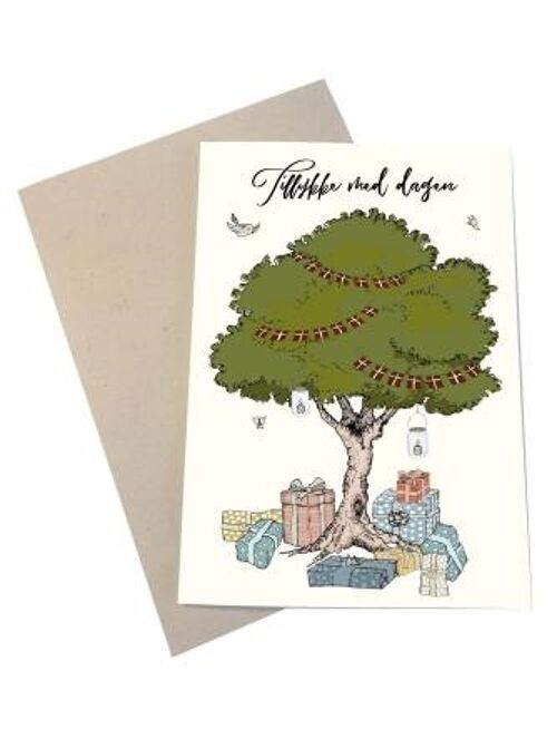 Tillykke med dagen (træ og gaver) A6 kort