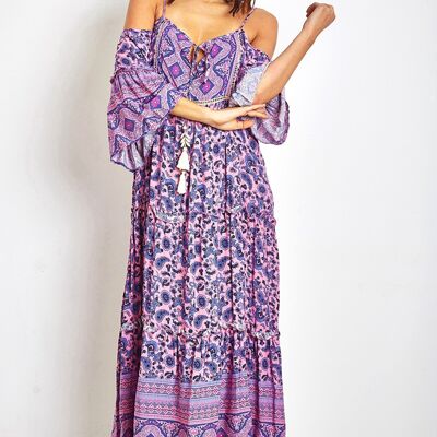 Long purple dress with thin straps and paisley print