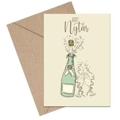 Felice anno nuovo con bottiglia di champagne DK A6 card