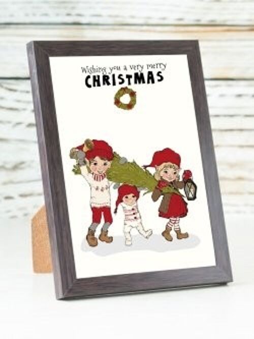 3 elves with Christmas tree A6 card