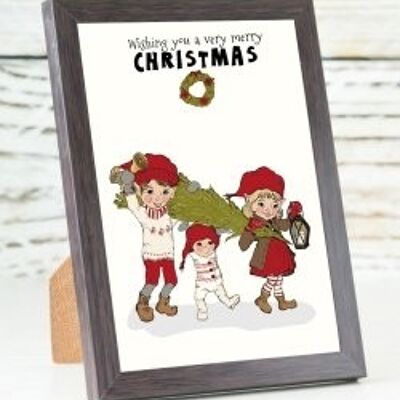 3 elves with Christmas tree A6 card