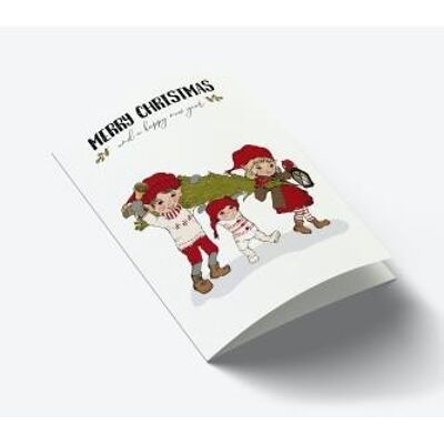 3 elves with Christmas tree A7 card