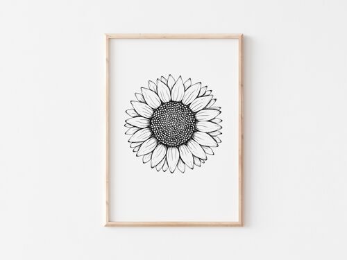 Black and White Sunflower Print A4