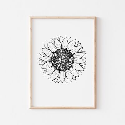 Black and White Sunflower Print A4