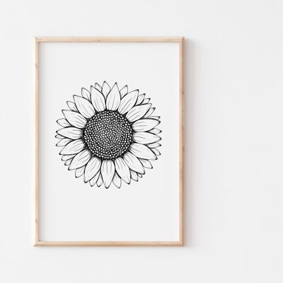 Black and White Sunflower Print A4