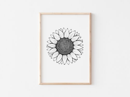 Black and White Sunflower Print A5