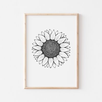 Black and White Sunflower Print A5