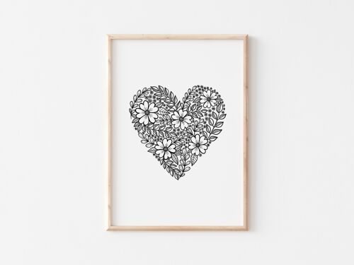 Black and White Floral Heart Print A4