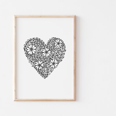 Black and White Floral Heart Print A5