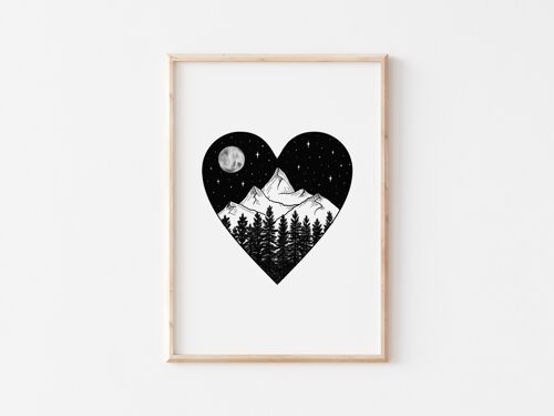 Black and White Starry Night Mountain Heart Print A4