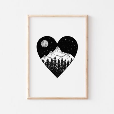 Impresión de corazón de montaña de noche estrellada en blanco y negro A4