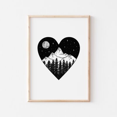 Black and White Starry Night Mountain Heart Print A4