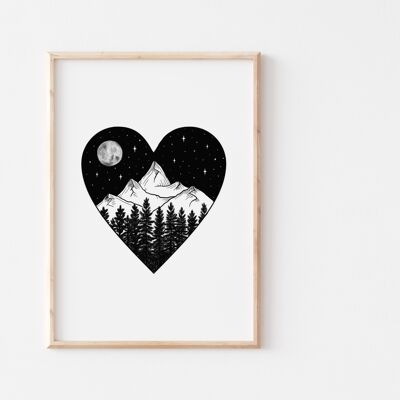 Black and White Starry Night Mountain Heart Print A4