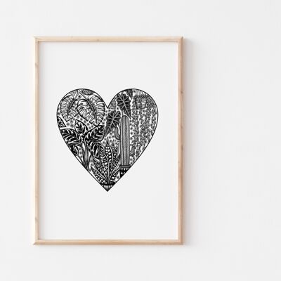 Stampa del cuore della pianta d'appartamento in bianco e nero A4