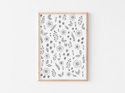 Black and White Floral Doodle Print A5