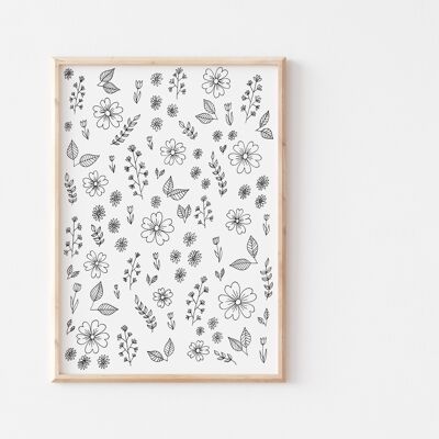 Black and White Floral Doodle Print A5
