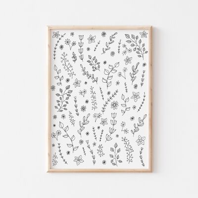 Feuille noire et blanche Doodle Print A5