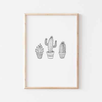 Impresión de cactus en blanco y negro A4