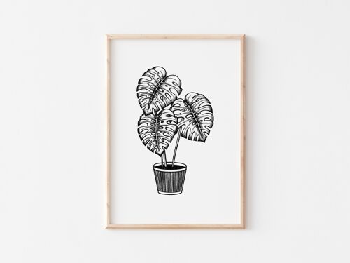 Black and White Potted Monstera Print A4