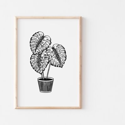 Black and White Potted Monstera Print A5