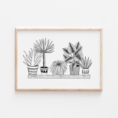 Scaffale per piante d'appartamento in bianco e nero stampa A4