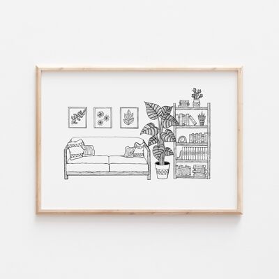 Impresión de sala de estar en blanco y negro A4