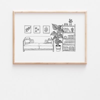 Black and White Living Room Print A4