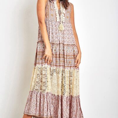 Pale pink bohemian print long dress with pompoms and lace