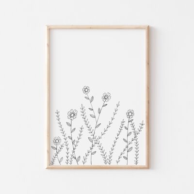 Impresión de pradera de flores en blanco y negro A4