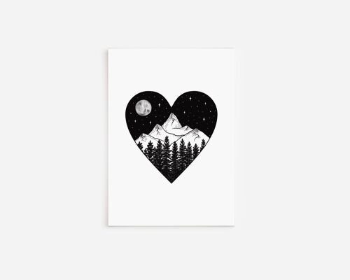 Black and White Starry Night Mountain Heart Greetings Card A5